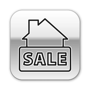 Beyaz arkaplanda izole edilmiş metin satışı simgesi olan siyah çizgi asma işareti. Mesaj indirimli tabela. Gümüş kare düğme. Vektör.