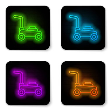 Parlayan neon hattı çim biçme makinesi simgesi beyaz arkaplanda izole edildi. Çim biçme makinesi çim biçiyor. Siyah kare düğme. Vektör.