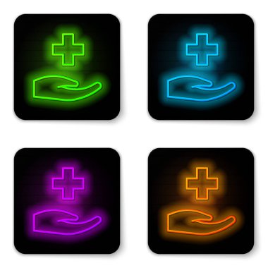 Parlayan neon hattı Cross hastanesi tıbbi ikonu beyaz arka planda izole edildi. İlk yardım. Teşhis sembolü. İlaç ve eczane işareti. Siyah kare düğme. Vektör.