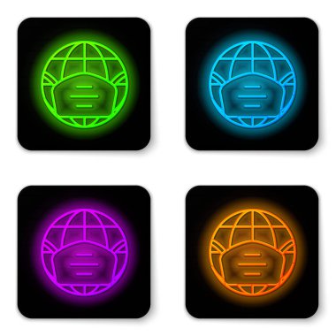 Beyaz arka planda izole edilmiş tıbbi maske ikonu ile parlayan neon çizgisi Dünya küresi. Siyah kare düğme. Vektör..