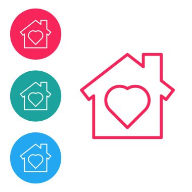 Beyaz arka planda izole edilmiş, içinde kalp olan kırmızı çizgi evi. Aşk ev sembolü. Aile, emlak ve gayrimenkul. Simgeleri daire düğmelerine ayır. Vektör..