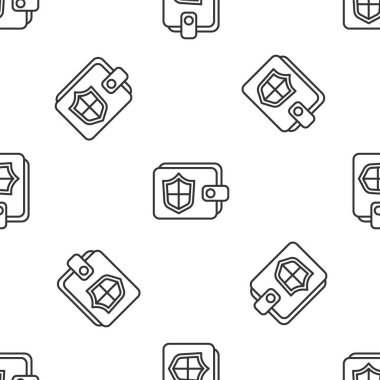 Gri çizgili cüzdan ve kalkan ikonlu para beyaz arka planda izole edilmiş kusursuz desen. Sigorta konsepti. Güvenlik, güvenlik, koruma, konsept koruma. Vektör..