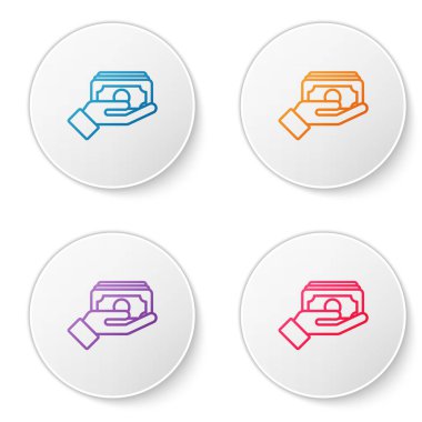 Renk çizgisi, kağıt para destesi. Beyaz arka planda izole edilmiş el simgesi olarak nakit para. Sigorta konsepti. Para desteleri. Para birimi. Simgeleri daire düğmelerine ayır. Vektör..