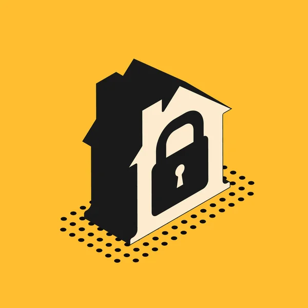 在黄色背景上隔离的保护图标下的等距房子 家和锁 防御概念 — 图库矢量图片
