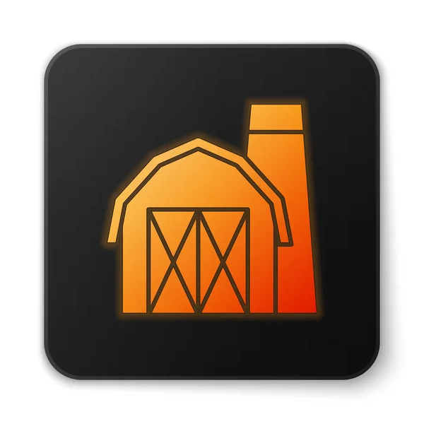橙色发光的霓虹灯农场图标孤立在白色背景 黑色方块按钮 — 图库矢量图片
