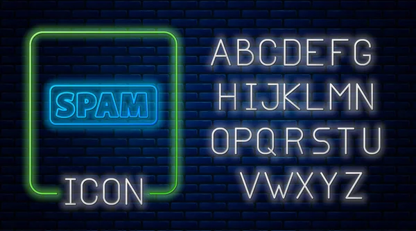 Leuchtendes Neon Spam Symbol Isoliert Auf Backsteinwand Hintergrund Neonlicht Alphabet — Stockvektor