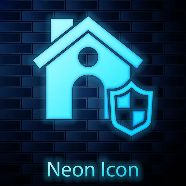 Świecący Neon House Ikoną Tarczy Izolowane Tle Cegły Ściany Koncepcja — Wektor stockowy