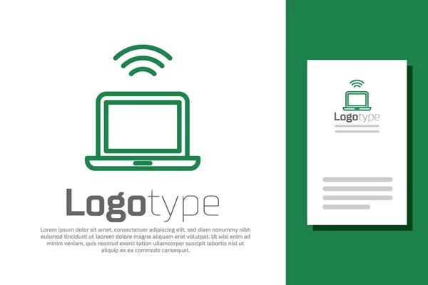 緑のライン白の背景に隔離されたワイヤレスノートパソコンのアイコン ワイヤレス接続で物事の概念のインターネット ロゴデザインテンプレート要素 ベクトル — ストックベクタ