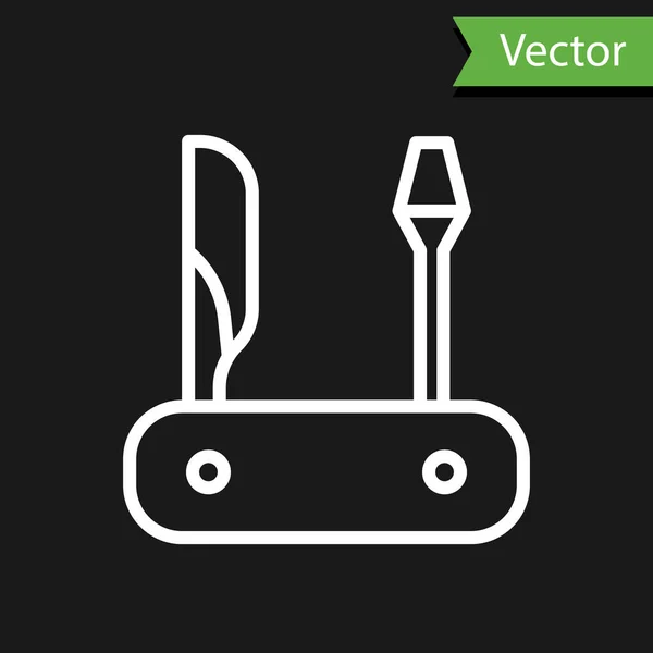 Witte Lijn Zwitsers Zakmes Icoon Geïsoleerd Zwarte Achtergrond Multitool Multifunctioneel — Stockvector