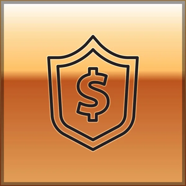 Svart Linje Sköld Med Dollar Symbol Ikon Isolerad Guld Bakgrund — Stock vektor