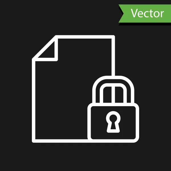 Bílá Čára Dokument Zámek Ikona Izolované Černém Pozadí Formát Souboru — Stockový vektor