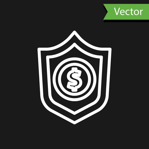 Linha Branca Escudo Com Símbolo Dólar Ícone Isolado Fundo Preto — Vetor de Stock