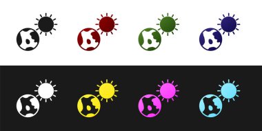 Dünya küresi ve güneş ikonunu siyah beyaz arkaplanda izole et. Dünya ya da Dünya işareti. Küresel internet sembolü. Geometrik şekiller. Vektör İllüstrasyonu.