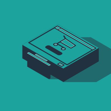 Ekran bilgisayarındaki Isometric alışveriş arabası yeşil arka planda izole edilmiş. Konsept e-ticaret, e-ticaret, online iş pazarlama. Vektör İllüstrasyonu.