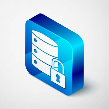 Gri arkaplanda kapalı asma kilit simgesine sahip Isometric Sunucu güvenliği. Güvenlik, güvenlik, koruma kavramı. Mavi kare düğme. Vektör İllüstrasyonu.