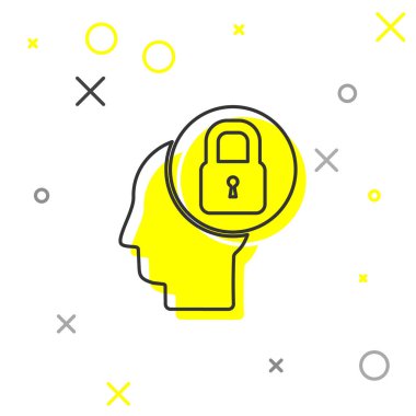 Beyaz arka planda kilit simgesi olan gri çizgi insan kafası. Vektör İllüstrasyonu.