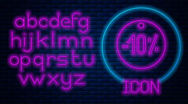 Leuchtendes Neon Zehn Prozent Rabatt Etikett Symbol Isoliert Auf Backsteinwand — Stockvektor