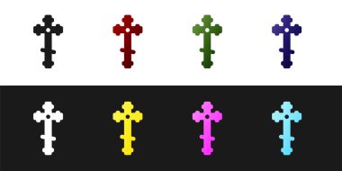 Hıristiyan haç simgesini siyah beyaz arkaplanda izole et. Kilise haçı. Vektör İllüstrasyonu.