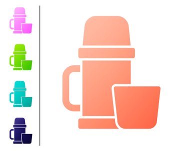 Beyaz arka planda izole edilmiş mercan termos kabı ve bardak ikonu. Termo matara ikonu. Kamp ve yürüyüş ekipmanları. Renk simgelerini ayarla. Vektör İllüstrasyonu.