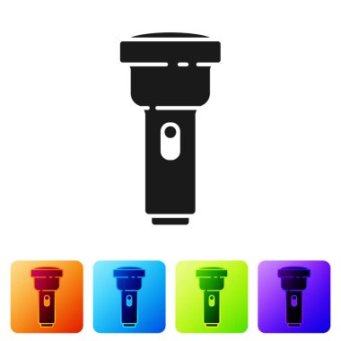 Beyaz arkaplanda siyah el feneri simgesi izole edildi. Renkli kare düğmelerle simgeleri ayarla. Vektör İllüstrasyonu.