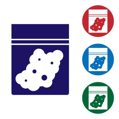 Mavi plastik poşet beyaz arka planda izole edilmiş tıbbi kenevir ikonu. Sağlık tehlikesi. Renkli kare düğmelerle simgeleri ayarla. Vektör İllüstrasyonu.