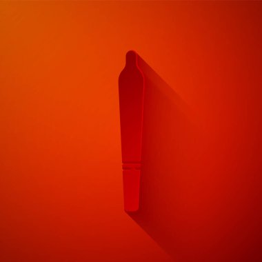 Kağıt kesiği Marijuana eklem yeri, sigara ikonu kırmızı arka planda izole edilmiş. Uyuşturuculu sigara, esrar sarılmış sigara. Kağıt sanatı tarzı. Vektör İllüstrasyonu.