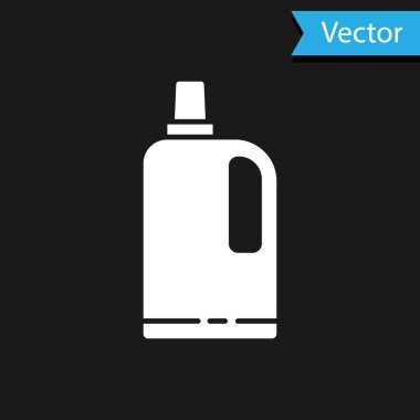 Beyaz Kumaş yumuşatıcı simgesi siyah arkaplanda izole edildi. Sıvı çamaşır deterjanı, saç kremi, temizlik maddesi, çamaşır suyu. Vektör İllüstrasyonu.