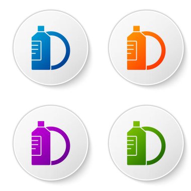 Beyaz arka planda izole edilmiş renkli bulaşık deterjanı ve tabak ikonu. Bulaşık yıkamak için sıvı deterjan. Simgeleri daire düğmelerine ayır. Vektör İllüstrasyonu.