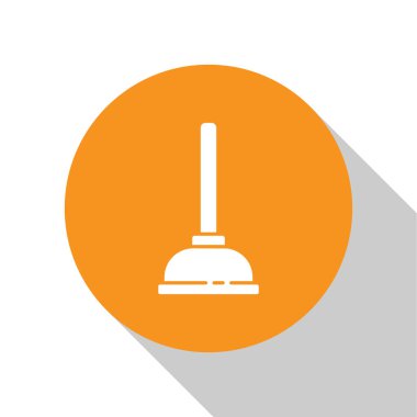 Beyaz arka planda izole edilmiş boru temizleme ikonu için ahşap saplı beyaz lastik pompa. Tuvalet pompası. Turuncu daire düğmesi. Vektör İllüstrasyonu.