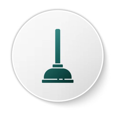 Beyaz arka planda izole edilmiş boru temizleme ikonu için ahşap saplı yeşil lastik pompa. Tuvalet pompası. Beyaz daire düğmesi. Vektör İllüstrasyonu.