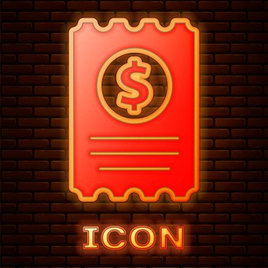 Parlayan neon kâğıt kontrolü ve finansal kontrol simgesi tuğla duvar arkasında izole edilmiş. Kağıt baskı çeki, makbuz ya da fatura. Vektör İllüstrasyonu.