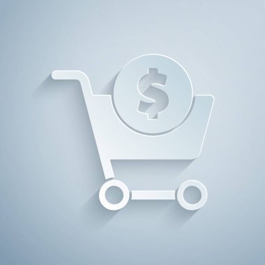 Kağıt kesiği alışveriş arabası ve gri arka planda izole edilmiş dolar sembolü. İnternetten satın alma konsepti. Teslimat servisi. Süpermarket sepeti. Kağıt sanatı tarzı. Vektör İllüstrasyonu.