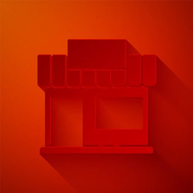 Kağıt kesiği, alışveriş binası ya da market simgesi kırmızı arka planda izole edilmiş. Dükkan inşaatı. Kağıt sanatı tarzı. Vektör İllüstrasyonu.