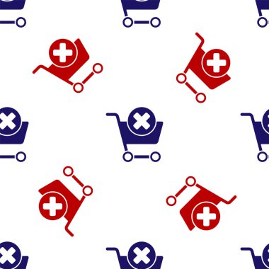 Mavi ve kırmızı alışveriş arabası simgesini kaldırın beyaz arkaplanda izole edilmiş kusursuz desen. İnternetten satın alma konsepti. Teslimat servisi. Süpermarket sepeti ve X işareti. Vektör İllüstrasyonu.