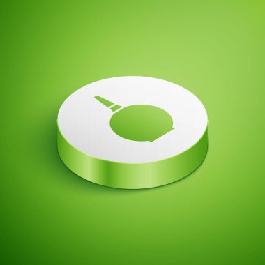 Isometric Enema simgesi yeşil arkaplanda izole edildi. Plastik uçlu bir düşman. Tıbbi armut. Beyaz daire düğmesi. Vektör İllüstrasyonu.