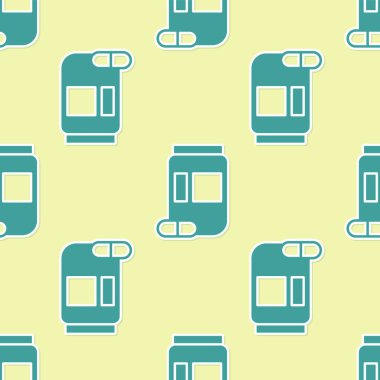 Yeşil Tıp şişe ve hap lar simgesi sarı arka plan üzerinde izole dikişsiz desen. Şişe hapı işareti. Eczane tasarımı. Vektör İllüstrasyonu.