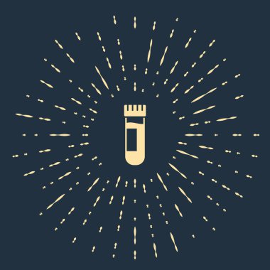 Mavi zemin üzerinde kan ikonu olan bej test tüpü ya da matara. Laboratuvar, kimyasal, bilimsel cam levha. Soyut çember rastgele noktalar. Vektör İllüstrasyonu.