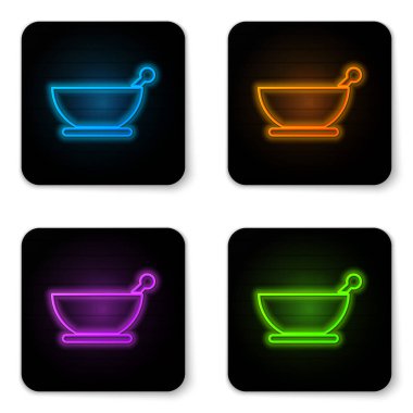 Parlayan neon havan ve tokmak simgesi beyaz arkaplanda izole edildi. Siyah kare düğme. Vektör İllüstrasyonu.