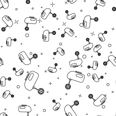 Siyah çizgi elektirik karıştırıcı simgesi beyaz arkaplandaki kusursuz deseni izole etti. Mutfak blenderi. Vektör İllüstrasyonu.