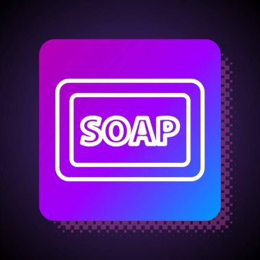 Siyah zemin üzerinde köpük simgesi olan beyaz çizgi sabun. Köpüklü sabun çubuğu. Kare renk düğmesi. Vektör İllüstrasyonu.