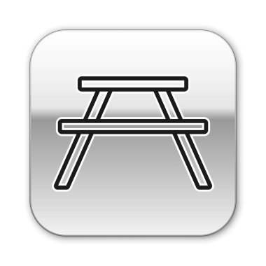 Siyah çizgi piknik masası, masa simgesinin her iki tarafında da beyaz arka planda izole sıralar var. Gümüş kare düğme. Vektör İllüstrasyonu.