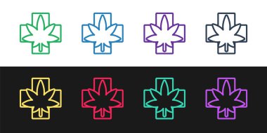 Tıbbi marihuana ya da kenevir yaprağı ikonu siyah beyaz arka planda izole edilmiş. Kenevir sembolü. Vektör İllüstrasyonu.