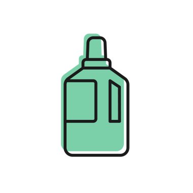 Beyaz arkaplanda siyah çizgi kumaş yumuşatıcı simgesi izole edildi. Sıvı çamaşır deterjanı, saç kremi, temizlik maddesi, çamaşır suyu. Vektör İllüstrasyonu.