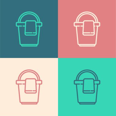 Renk arkaplanında paçavra simgesi olan Pop Art Line Bucket. Temizlik hizmeti konsepti. Vektör İllüstrasyonu.