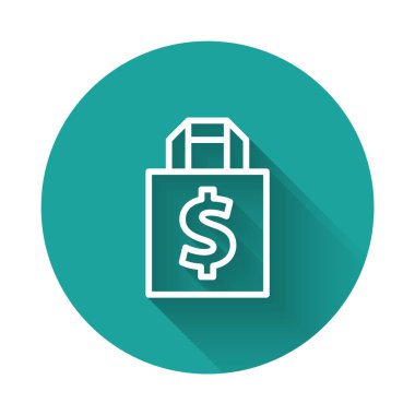 Beyaz çizgi Shoping çantası ve dolar sembolü uzun gölgeli izole edilmiş. El çantası işareti. Kadın çanta ikonu. Kadın el çantası işareti. Yeşil daire düğmesi. Vektör İllüstrasyonu.