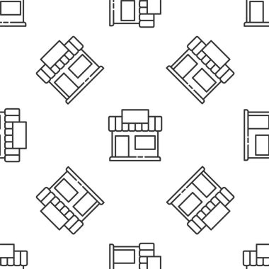 Gri çizgi alışveriş binası ya da market simgesi beyaz arka planda izole edilmiş pürüzsüz desen. Dükkan inşaatı. Vektör İllüstrasyonu.