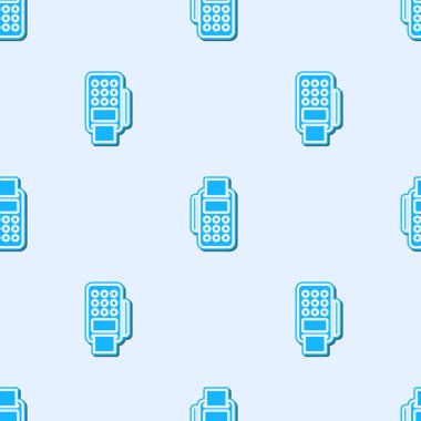 Mavi çizgi POS terminali, eklenmiş kredi kartı ve yazdırılmış alıcı simgesi gri arka planda izole edilmiş kusursuz desen. NFC ödeme konsepti. Vektör İllüstrasyonu.