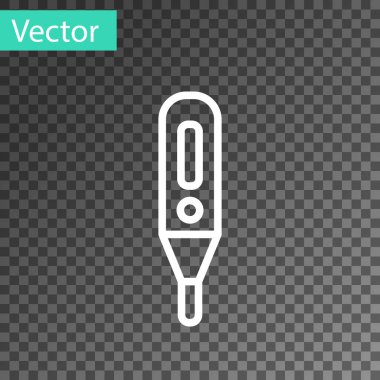Tıbbi muayene ikonu için beyaz çizgi dijital termometresi şeffaf arka planda izole edildi. Vektör İllüstrasyonu.