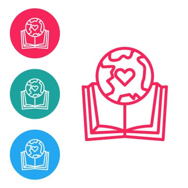 Kırmızı çizgi Dünya küresi ve kitap ikonu beyaz arka planda izole edildi. Dünya ya da Dünya işareti. Küresel internet sembolü. Geometrik şekiller. Simgeleri daire düğmelerine ayır. Vektör İllüstrasyonu.