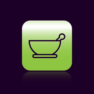 Siyah çizgi havan ve tokmak simgesi siyah arkaplanda izole edildi. Yeşil kare düğmesi. Vektör İllüstrasyonu.